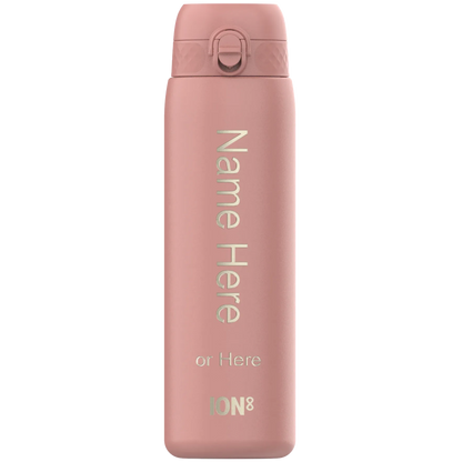 A pink water bottle stands upright on a plain background featuring the text "Name Here or Here ION8" vertically along its side