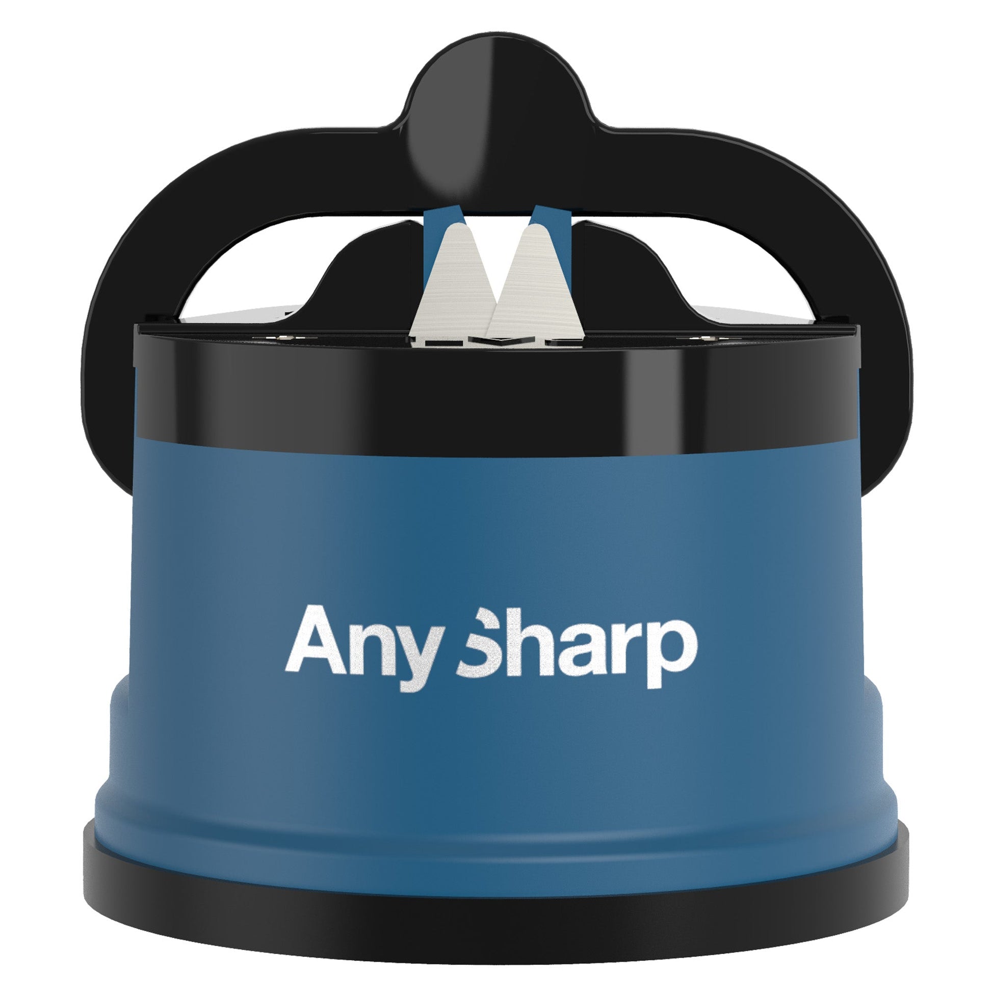 Knife sharpener with a blue cylindrical body and a black handle labeled AnySharp positioned in a white background.