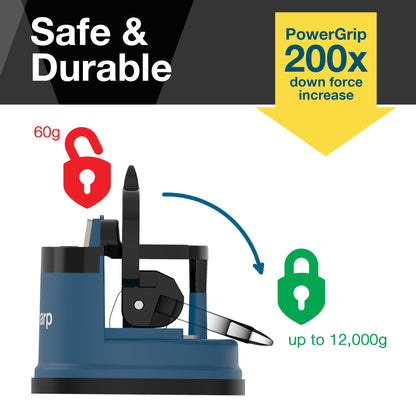 Sharpener demonstrates increased down force with PowerGrip technology; yellow arrow highlights "200x down force increase" blue base labeled "sharp" red lock icon labeled "60g" green lock labeled "up to 12000g" black frame.