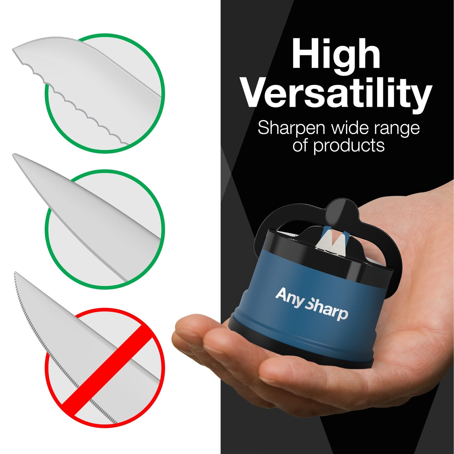 A hand holds a compact Anysharp knife sharpener. Text reads "High Versatility Sharpen wide range of products." Adjacent images show different blades with indicators for suitability.