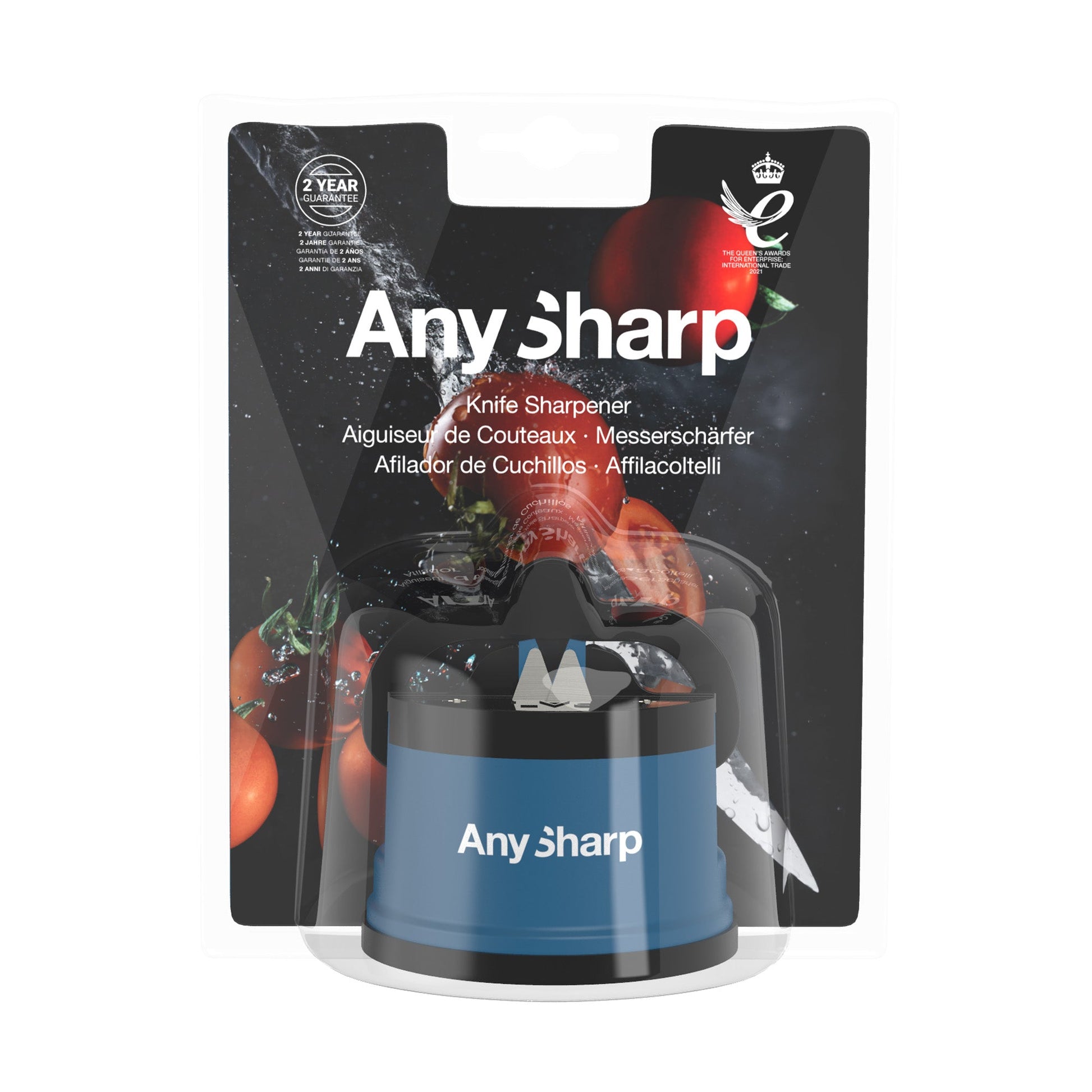 Knife sharpener packaged against a backdrop of tomatoes and water splashes Text reads AnySharp Knife Sharpener Aiguiseur de Couteaux Messerschärfer Afilador de Cuchillos Affilacoltelli 2 Year Guarantee