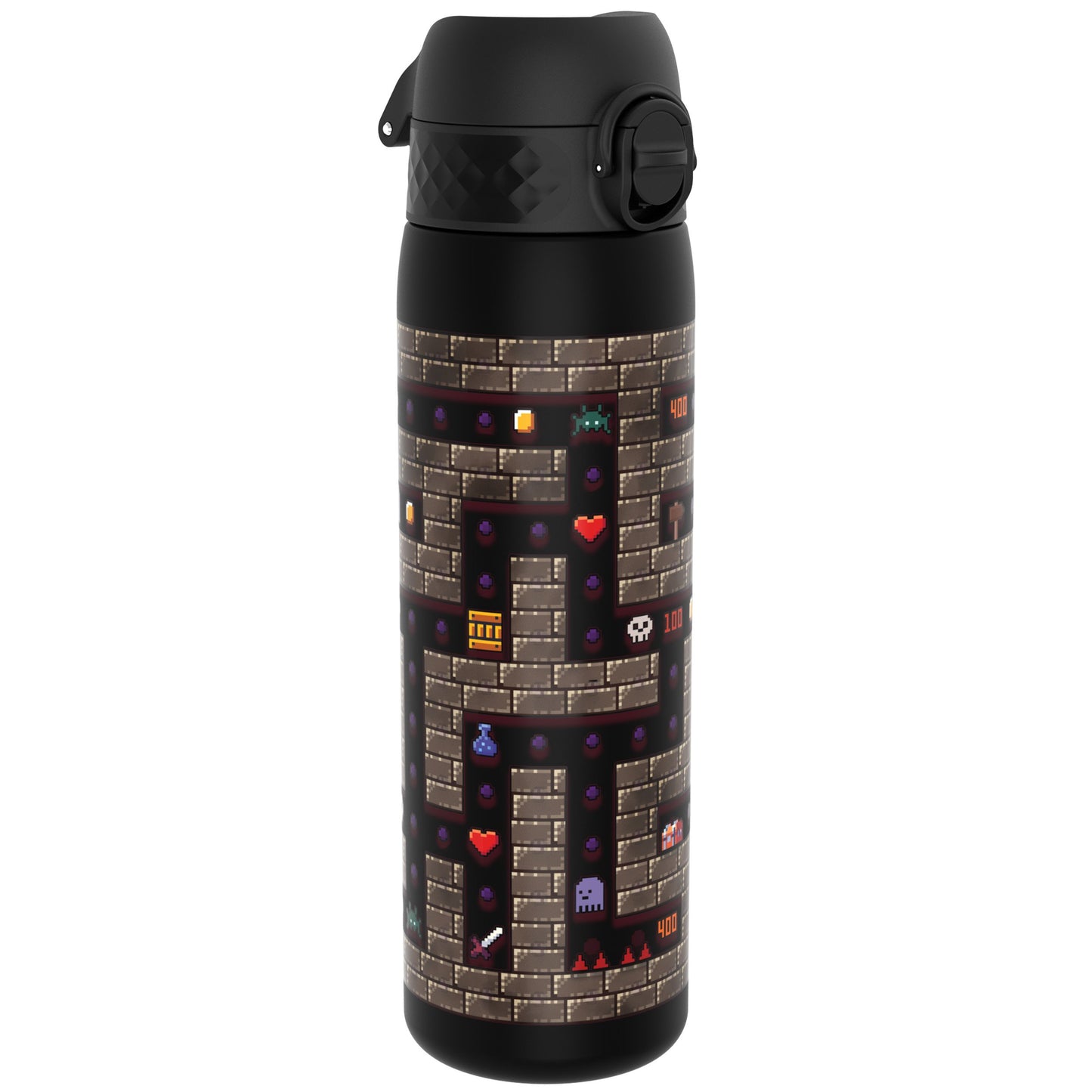 A black water bottle, featuring a retro video game design depicting a dungeon maze, stands upright against a white background. The numbers "400" and "100" are visible on the bottle.