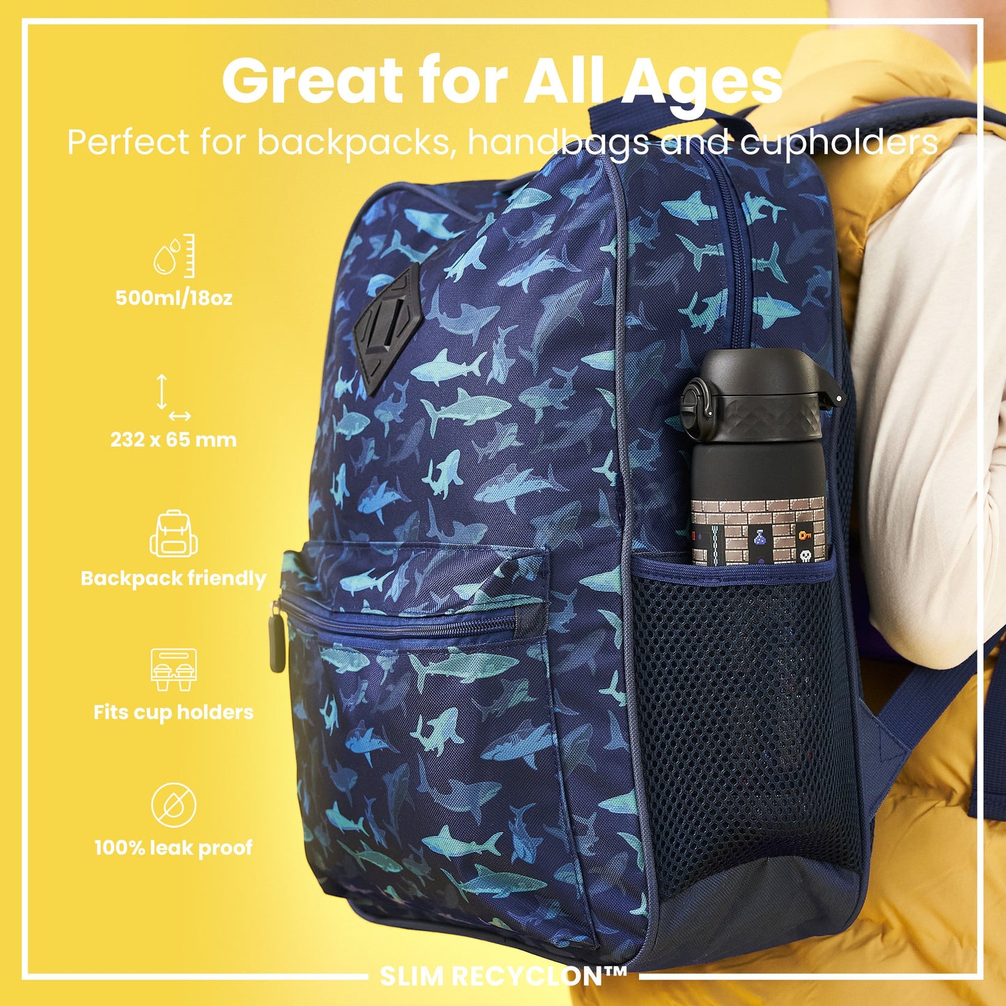 A shark-patterned backpack holds a water bottle; it's backpack and cupholder friendly, leakproof, and suitable for all ages. 500ml/18oz; 232 x 65 mm. SLIM RECYCLON™.