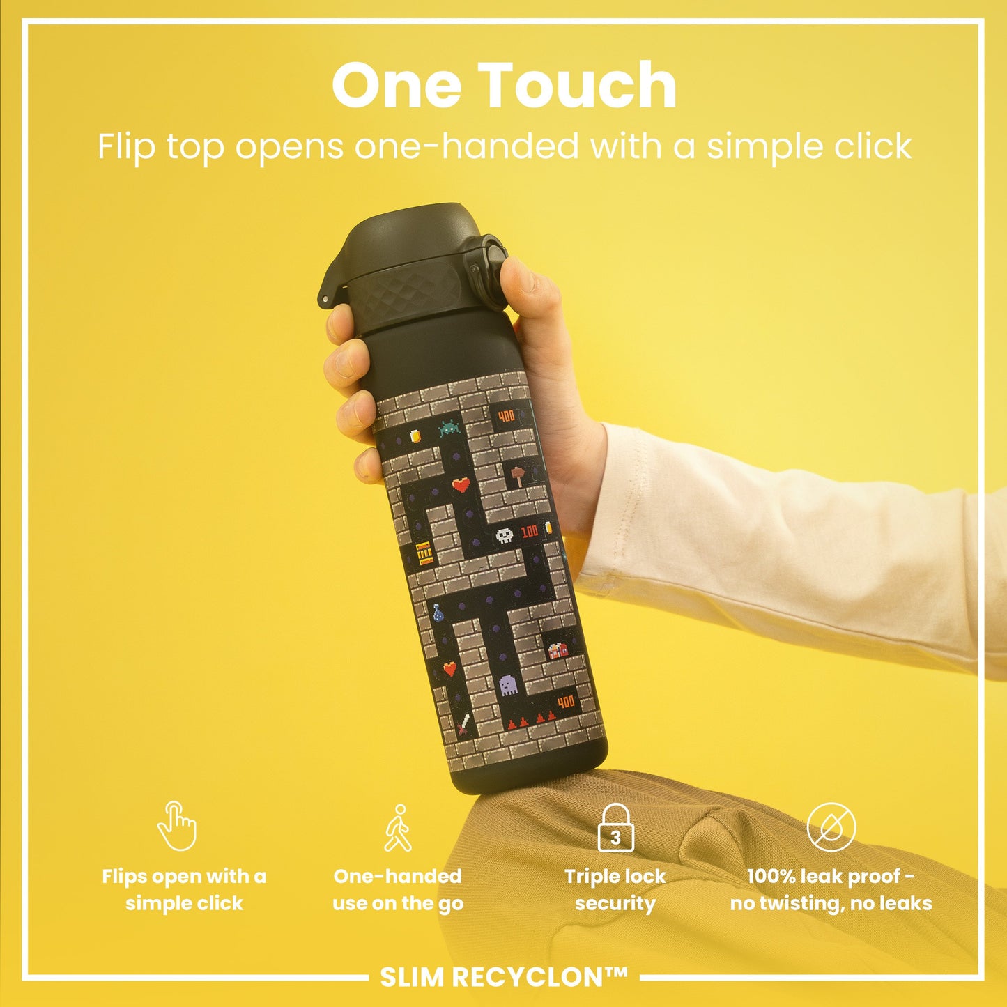 A black water bottle, featuring a pixelated game design, is held; its flip top opens one-handed. The bottle sits against a yellow background. "One Touch. Flip top opens one-handed with a simple click."