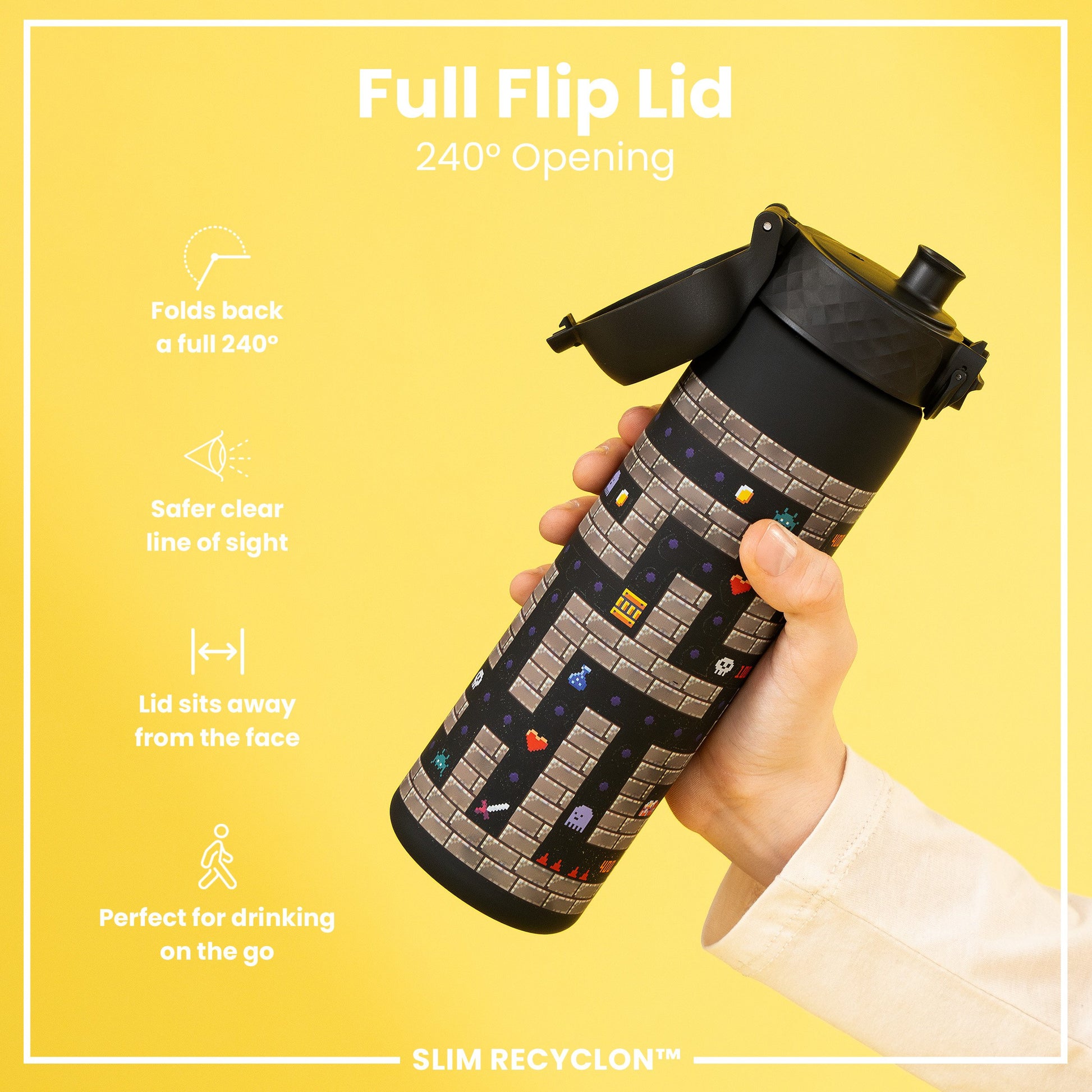 A black water bottle, featuring a 240° flip lid and a pixelated game design, is being held against a yellow background. Full Flip Lid, 240° Opening. SLIM RECYCLON™.