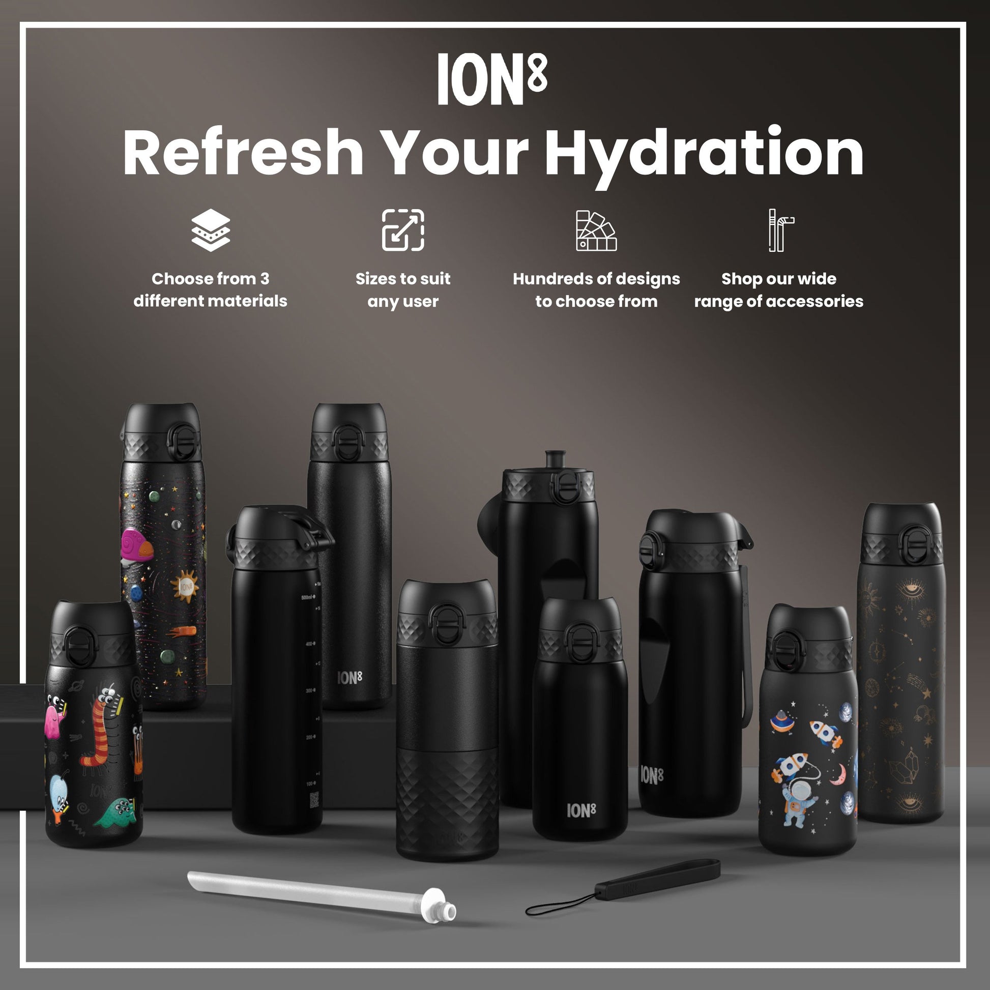 Several ION8 water bottles, various sizes and designs, are displayed on a gray surface; accessories are also shown. The bottles are primarily black with some featuring colorful designs.