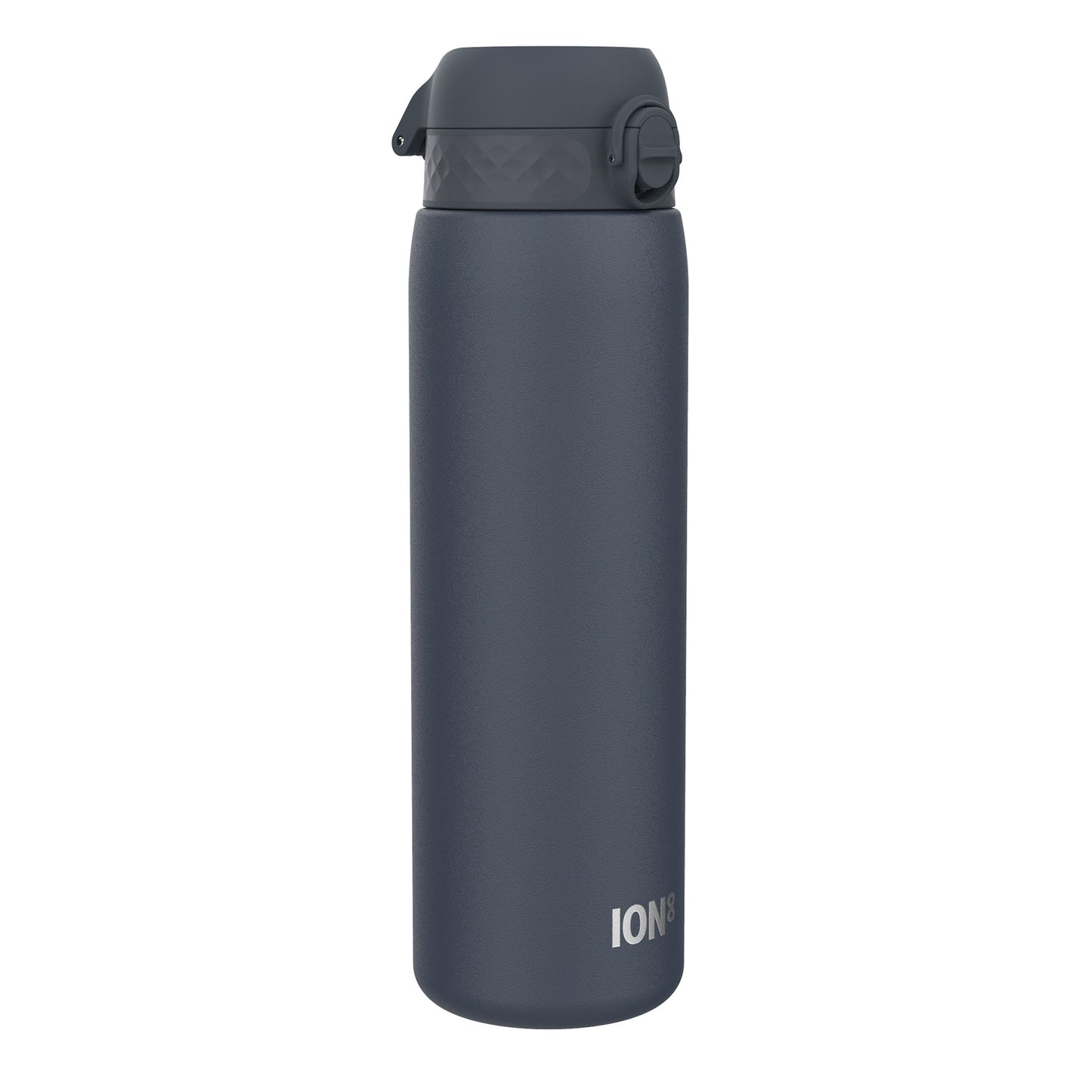 A dark-grey water bottle stands upright against a white background. The bottle has a dark-grey screw-on lid with a carrying loop and the word "ION8" is printed on its side.