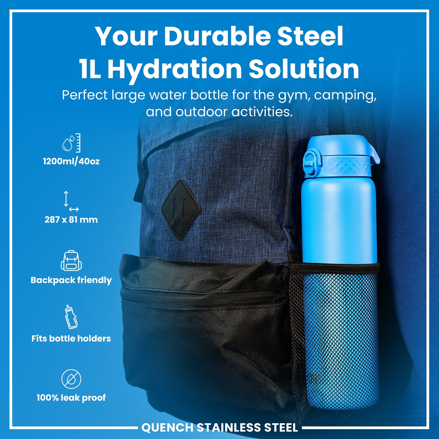 Leak Proof 1 Litre Water Bottle, Stainless Steel, Blue, 1L