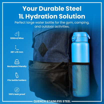 Leak Proof 1 Litre Water Bottle, Stainless Steel, Blue, 1L