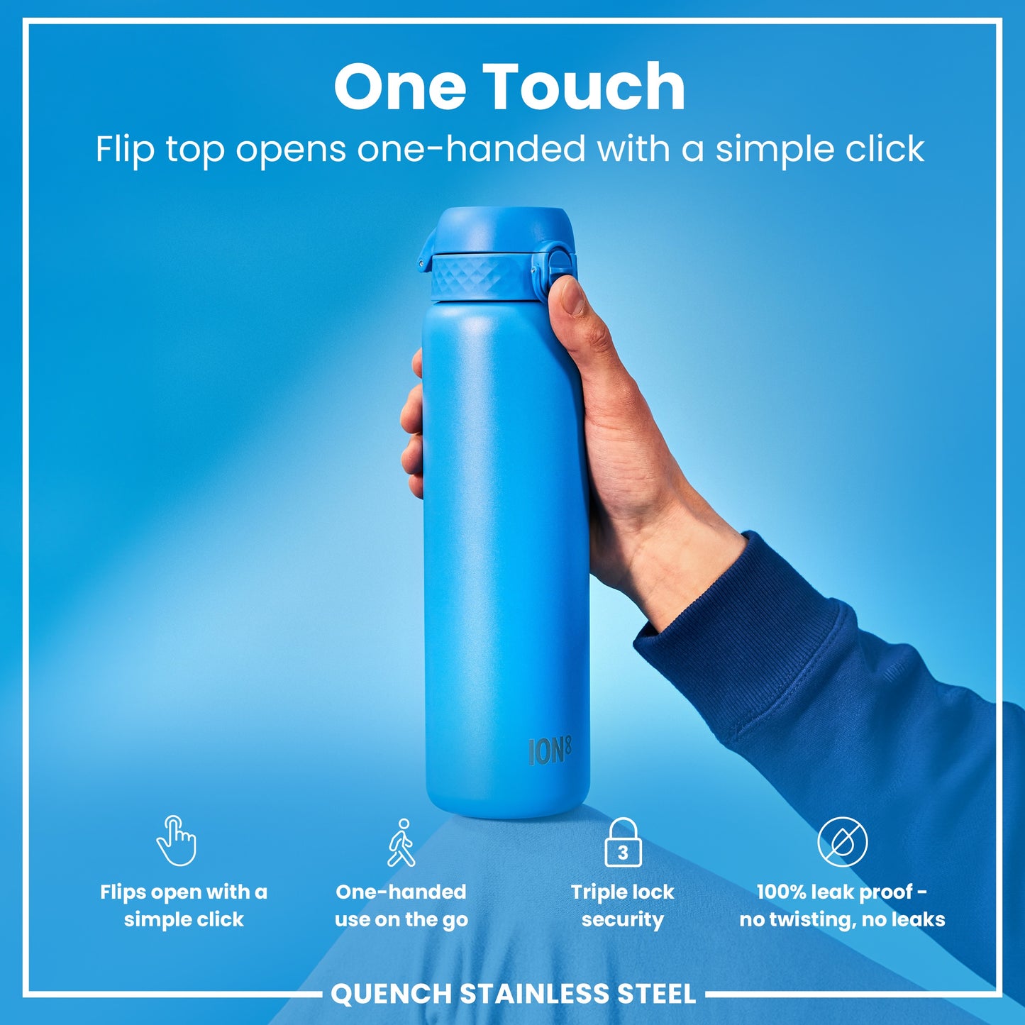 Leak Proof 1 Litre Water Bottle, Stainless Steel, Blue, 1L