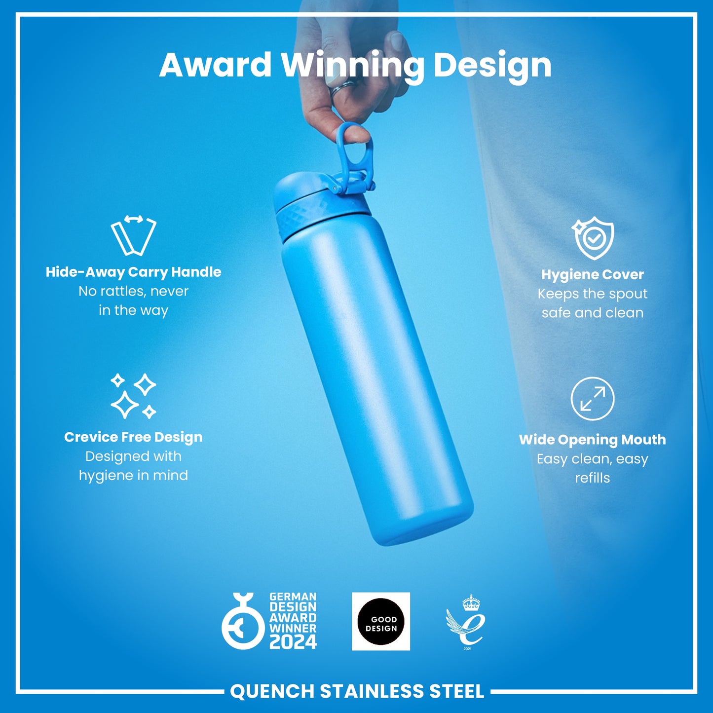 Leak Proof 1 Litre Water Bottle, Stainless Steel, Blue, 1L