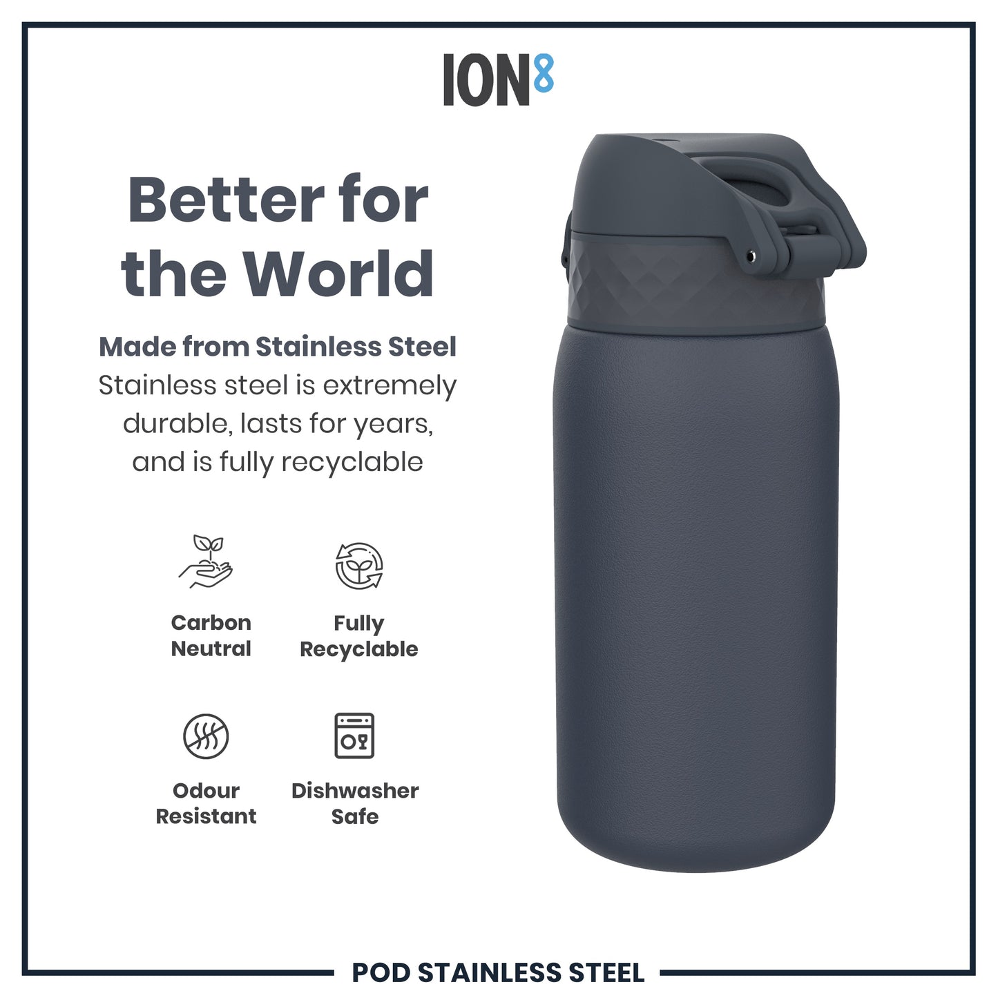 Leak Proof Water Bottle, Stainless Steel, Ash Navy, 400ml (13oz)