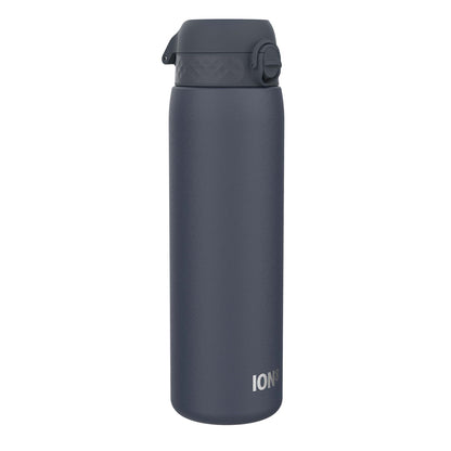 A dark-grey water bottle stands upright against a white background. The bottle has a dark-grey screw-top lid and the word "ION8" is visible near its base.