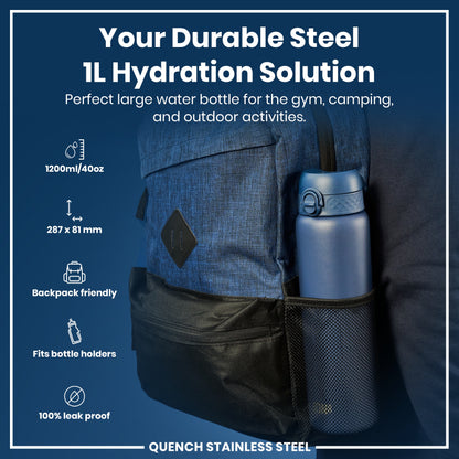 A blue, 1200ml steel water bottle fits in a backpack's mesh pocket. It's 287 x 81 mm, backpack friendly, fits bottle holders, and is 100% leak proof. The context is an advertisement for outdoor activities.