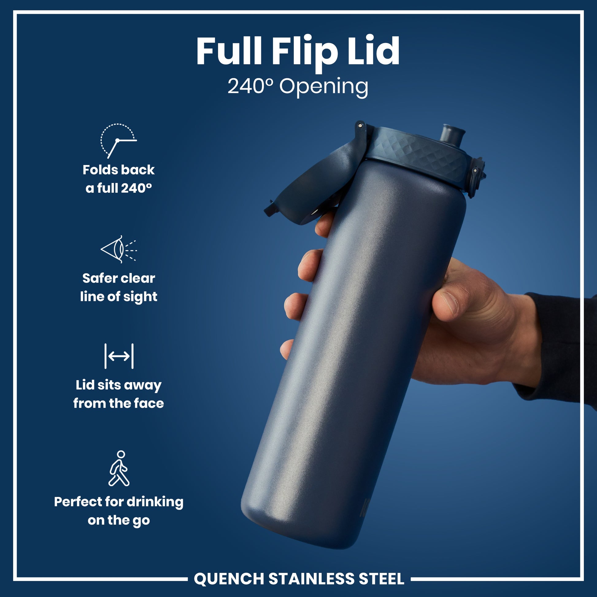 A dark-grey, stainless steel water bottle is held. Its flip lid opens 240°. The background is a solid dark blue.