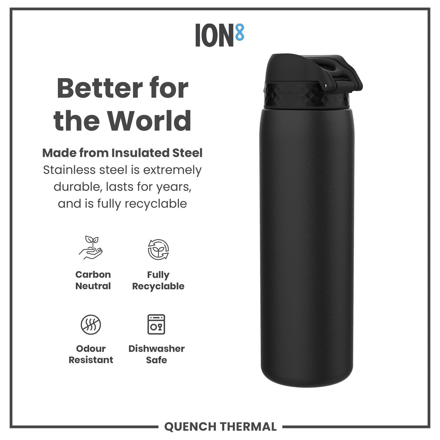 Leak Proof 1 Litre Thermal Water Bottle, Insulated, Black, 1L