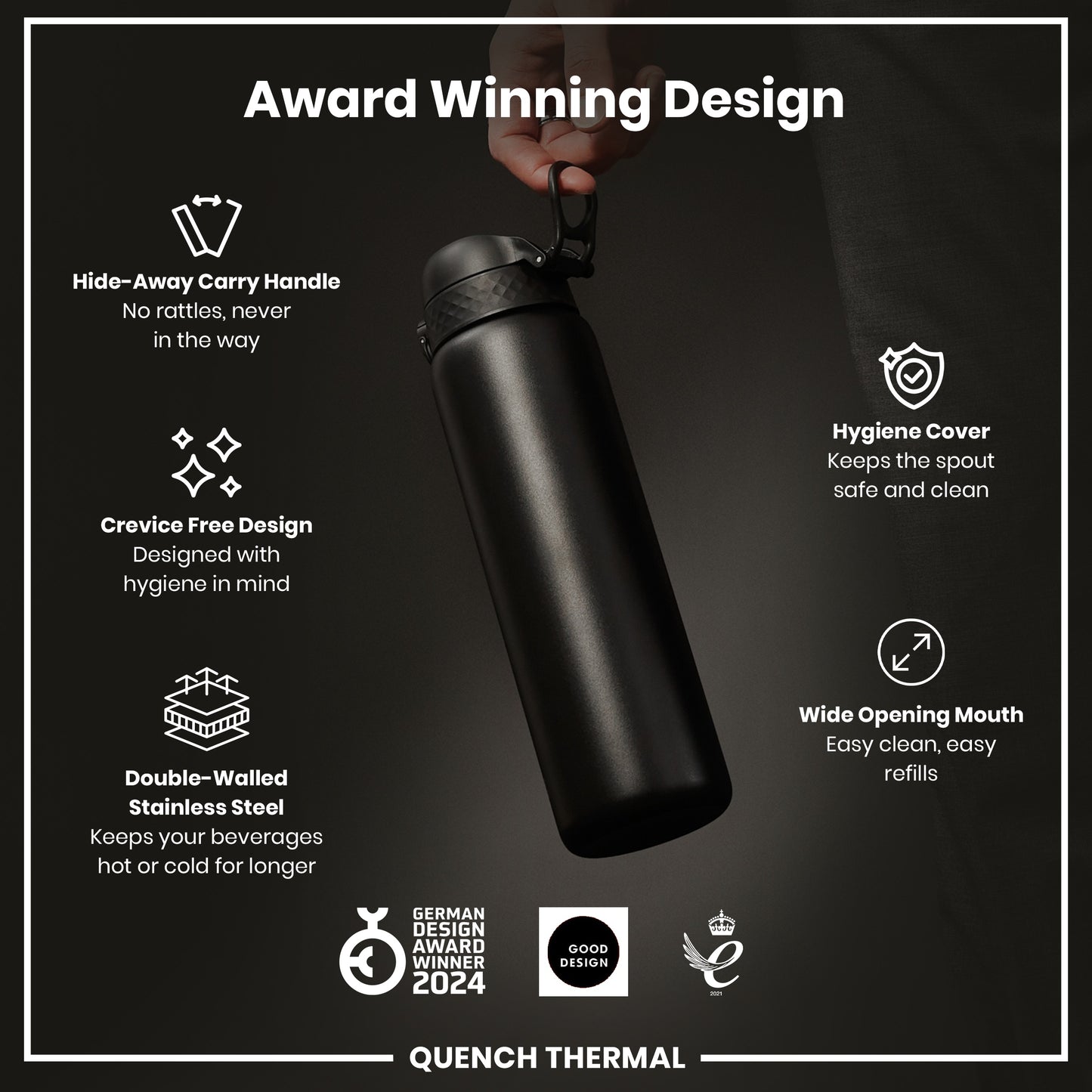 Leak Proof 1 Litre Thermal Water Bottle, Insulated, Black, 1L