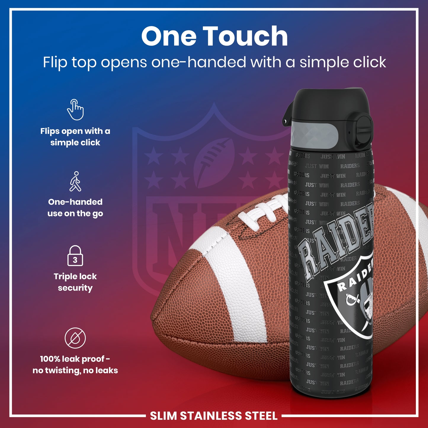 Leak Proof NFL Water Bottle, Stainless Steel, Las Vegas Raiders, 600ml (20oz)