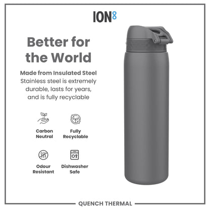 Leak Proof 1 Litre Thermal Water Bottle, Insulated, Grey, 1L