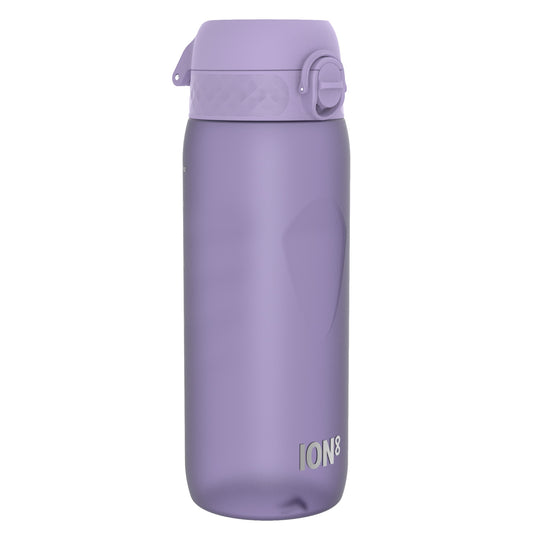 A lavender plastic water bottle stands upright against a white background. The bottle has a flip-top lid and the logo “ION8” is printed near its base.