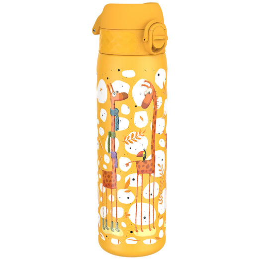 A yellow water bottle, featuring cartoon giraffes and other designs, stands upright against a white background.