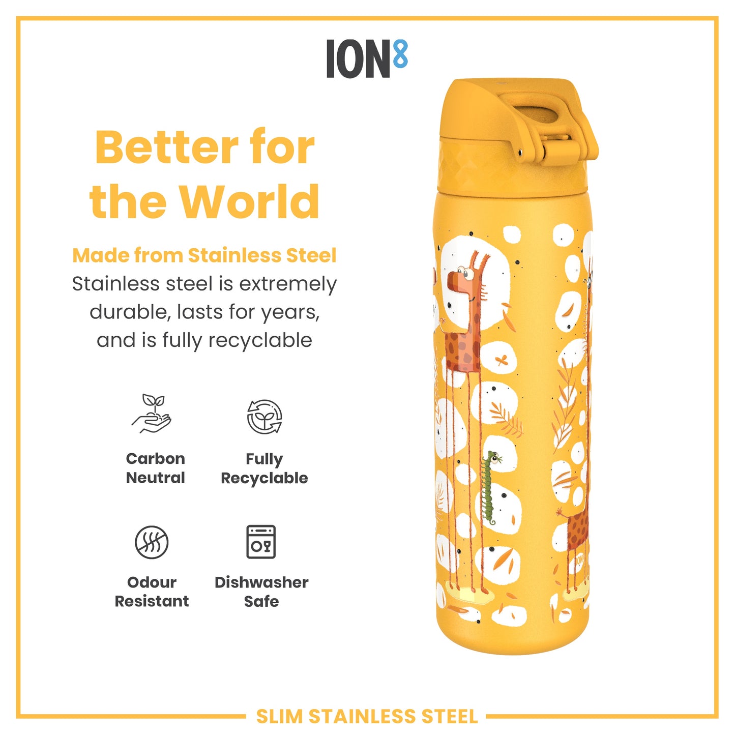 Leak Proof Slim Water Bottle, Stainless Steel, Giraffes, 600ml (20oz)