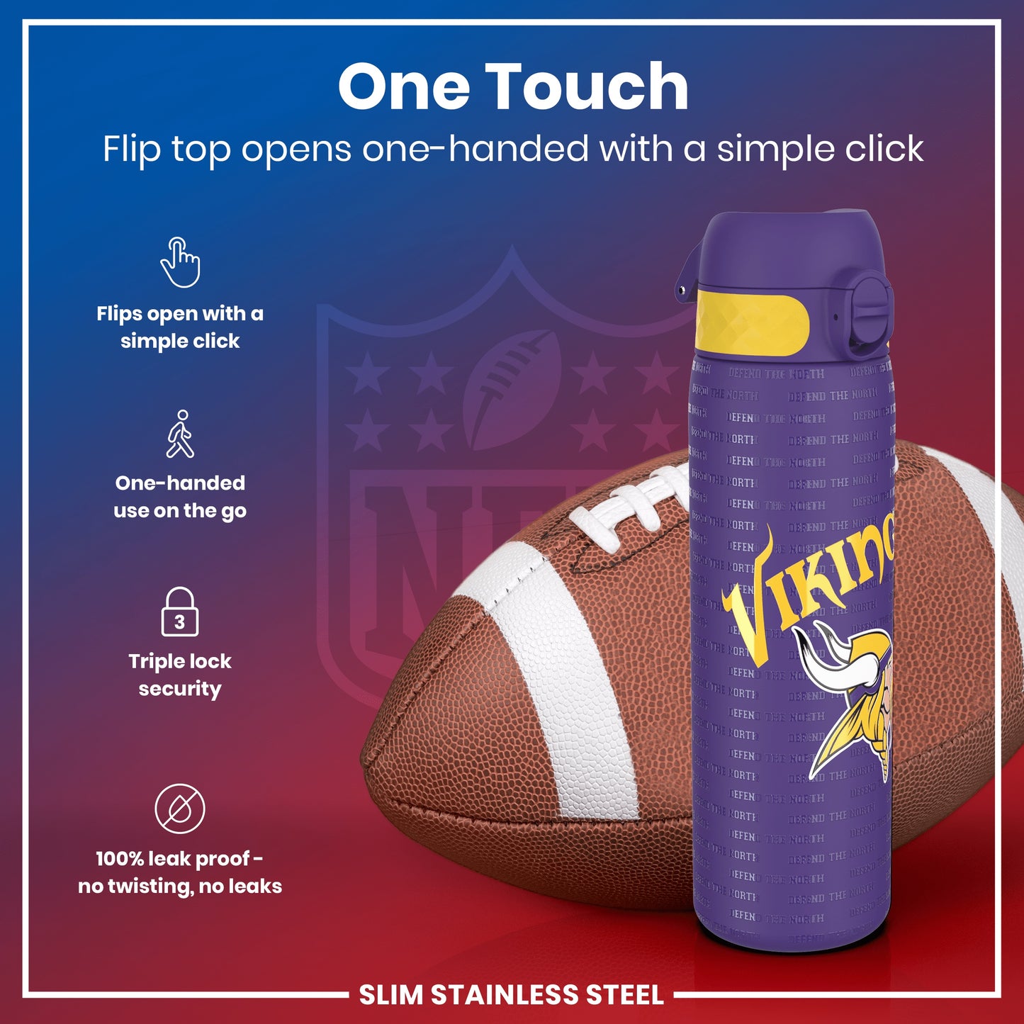 Leak Proof NFL Water Bottle, Stainless Steel, Minnesota Vikings, 600ml (20oz)