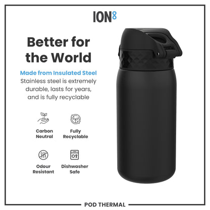 Leak Proof Thermal Steel Water Bottle, Insulated, Black, 320ml (11oz)