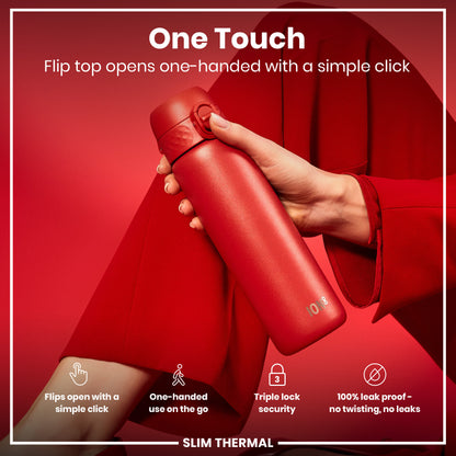 Leak Proof Slim Thermal Steel Water Bottle, Insulated, Red, 500ml (17oz)