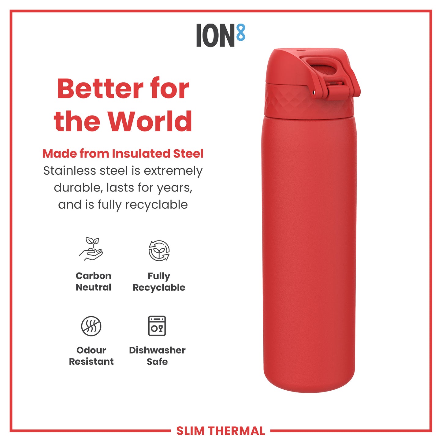 Leak Proof Slim Thermal Steel Water Bottle, Insulated, Red, 500ml (17oz)