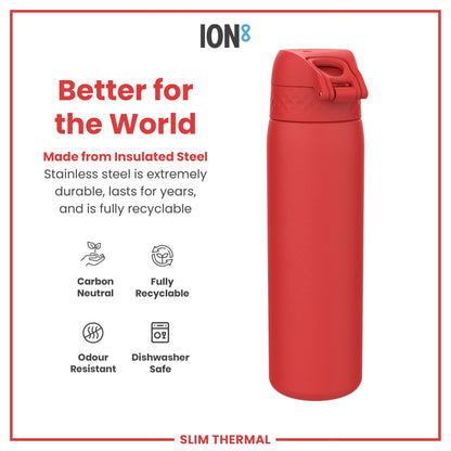 Leak Proof Slim Thermal Steel Water Bottle, Insulated, Red, 500ml (17oz)