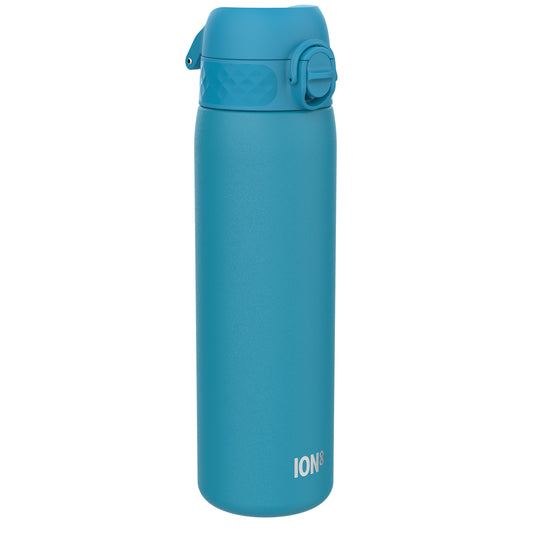 A teal water bottle stands upright against a white background. The bottle has a textured finish and a flip-top lid. ION8 is subtly printed near the base.