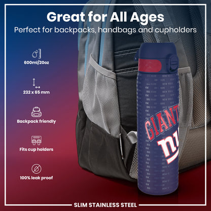 Leak Proof NFL Water Bottle, Stainless Steel, New York Giants, 600ml (20oz)