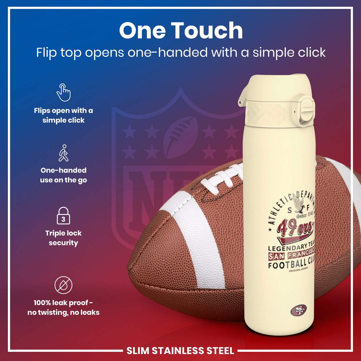 Leak Proof NFL Water Bottle, Stainless Steel, San Francisco 49ers, 600ml (20oz)