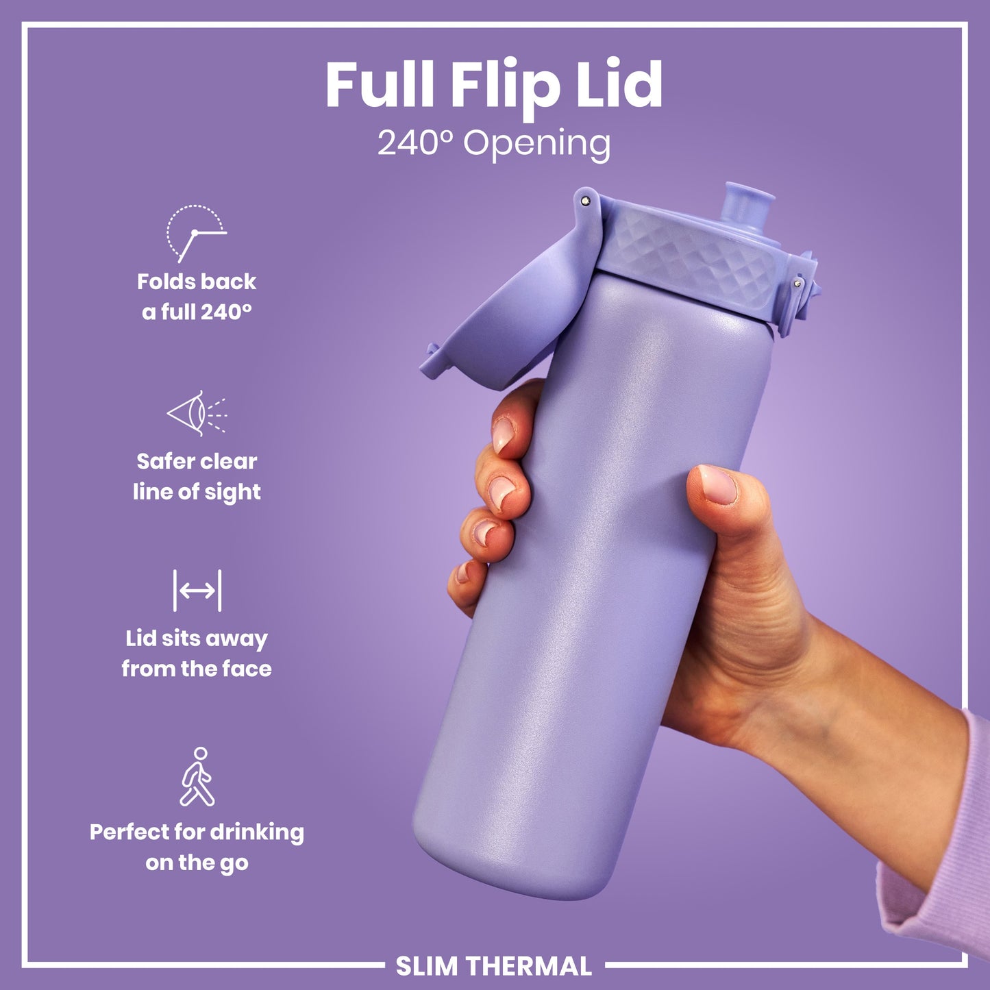 Leak Proof Slim Thermal Steel Water Bottle, Insulated, Light Purple, 500ml (17oz)