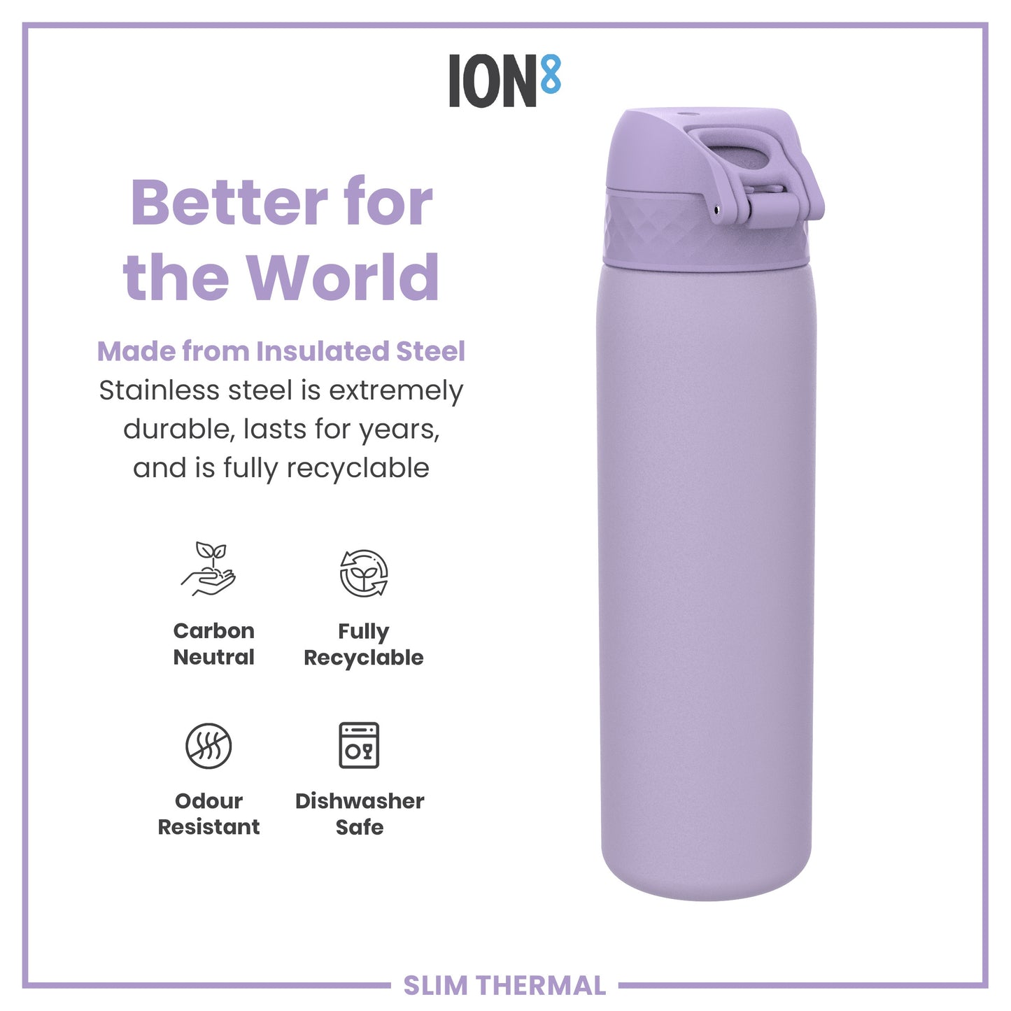 Leak Proof Slim Thermal Steel Water Bottle, Insulated, Light Purple, 500ml (17oz)