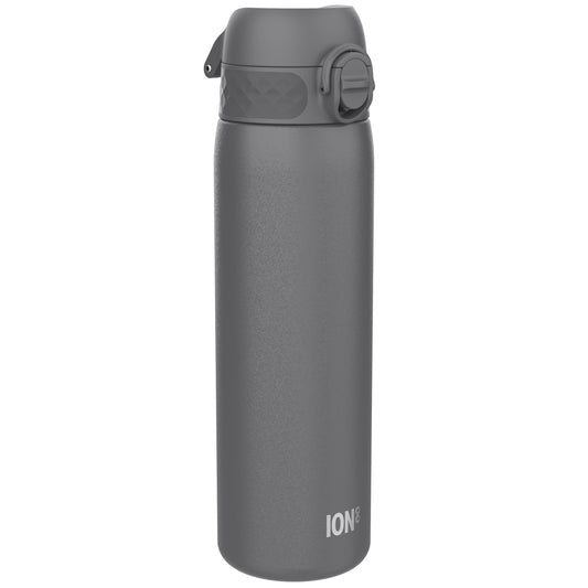 A dark gray ION8 water bottle stands upright against a white background. The bottle has a textured surface and a hinged, snap-top lid.