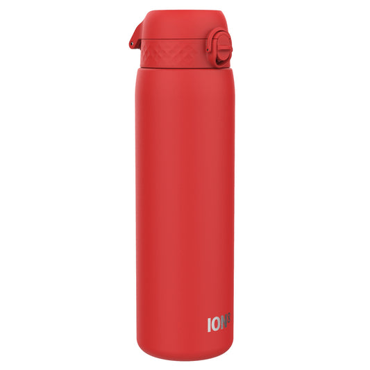 A red water bottle stands upright against a white background. The bottle has a textured lid and the word "ION8" is printed near the base.