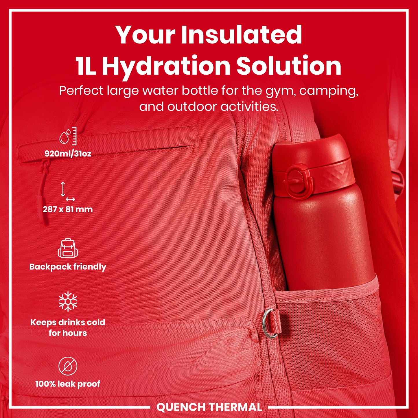 Leak Proof 1 Litre Thermal Water Bottle, Insulated, Red, 1L