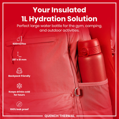 Leak Proof 1 Litre Thermal Water Bottle, Insulated, Red, 1L