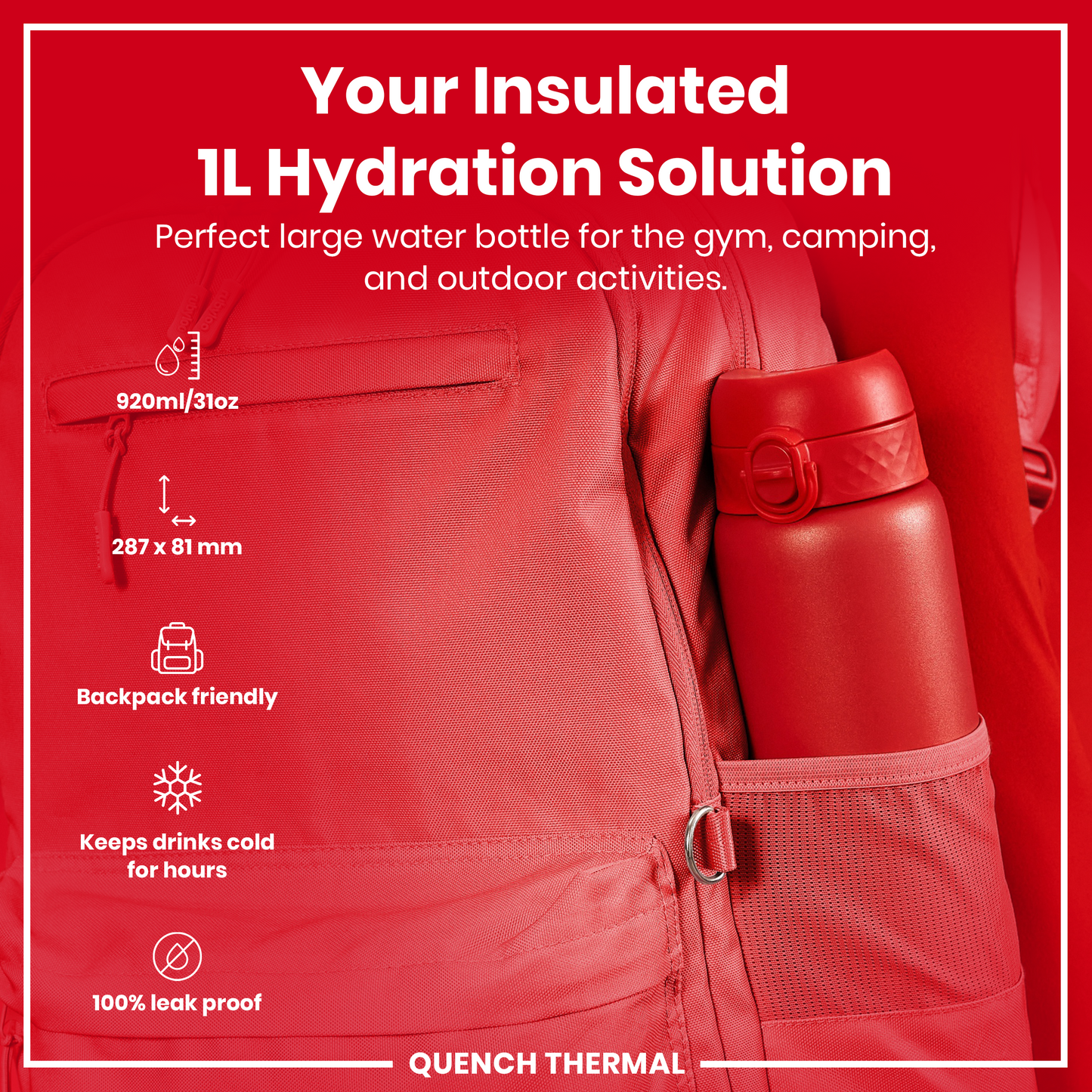 Leak Proof 1 Litre Thermal Water Bottle, Insulated, Red, 1L