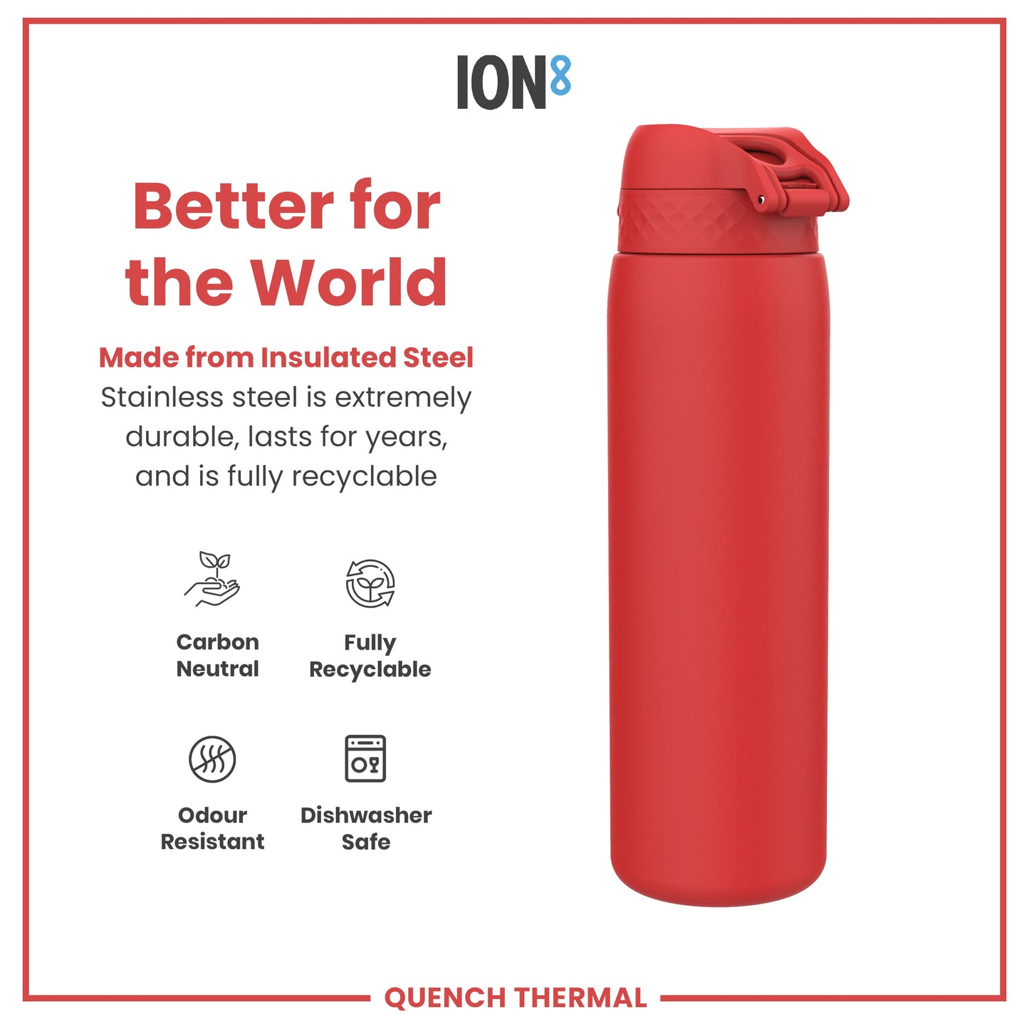 Leak Proof 1 Litre Thermal Water Bottle, Insulated, Red, 1L