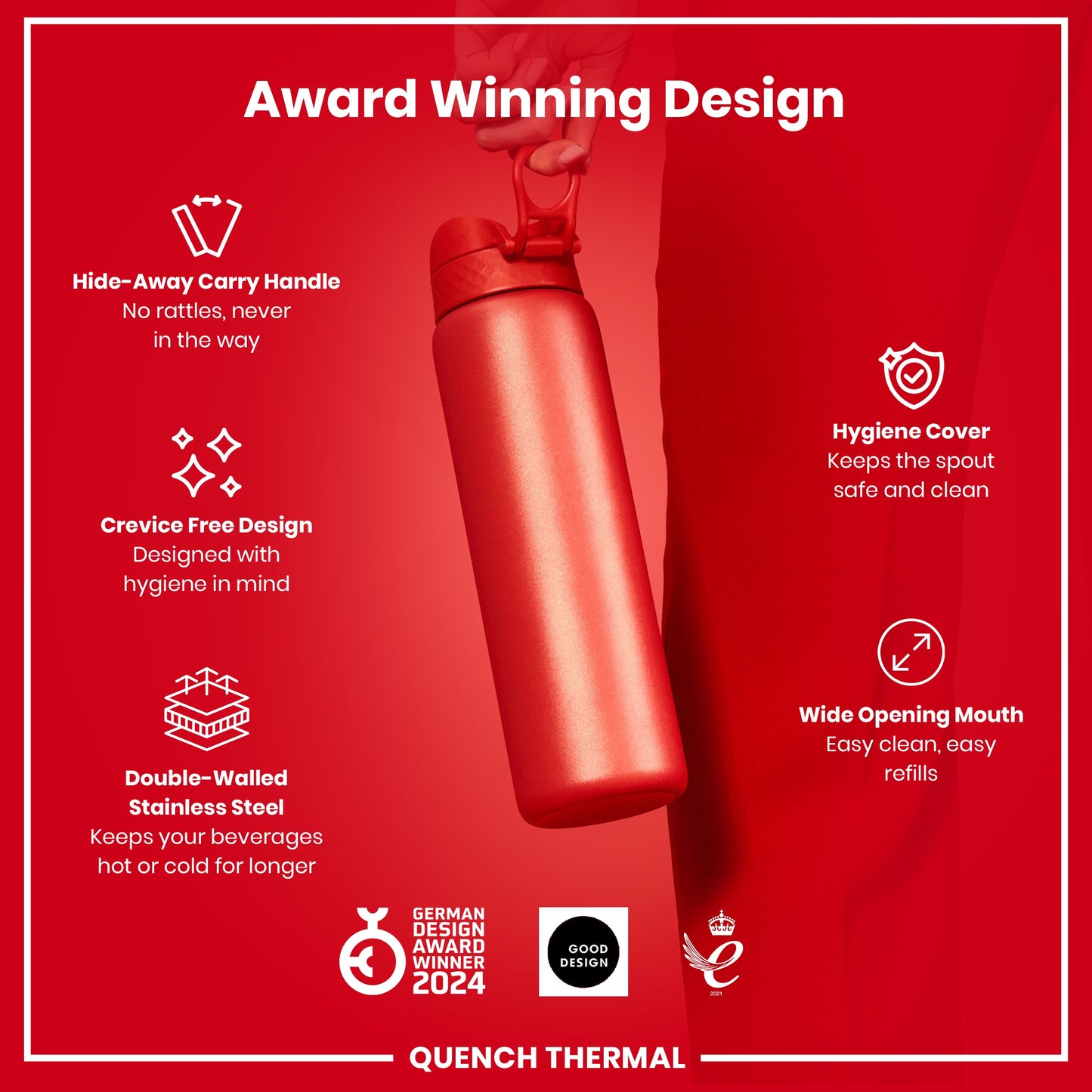 Leak Proof 1 Litre Thermal Water Bottle, Insulated, Red, 1L