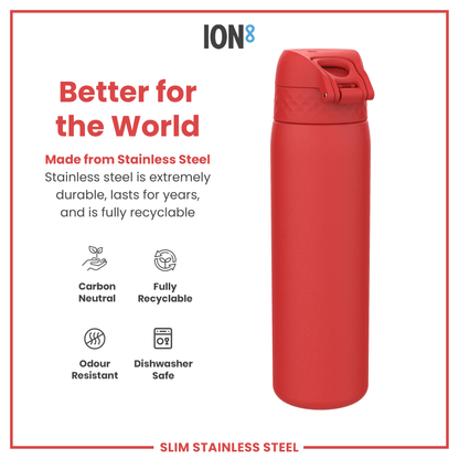 Leak Proof Slim Water Bottle, Stainless Steel, Red, 600ml (20oz)