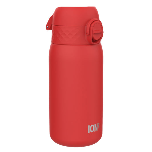 A red ION8 water bottle sits on a white background. The bottle is closed. ION8 is printed on the bottle.