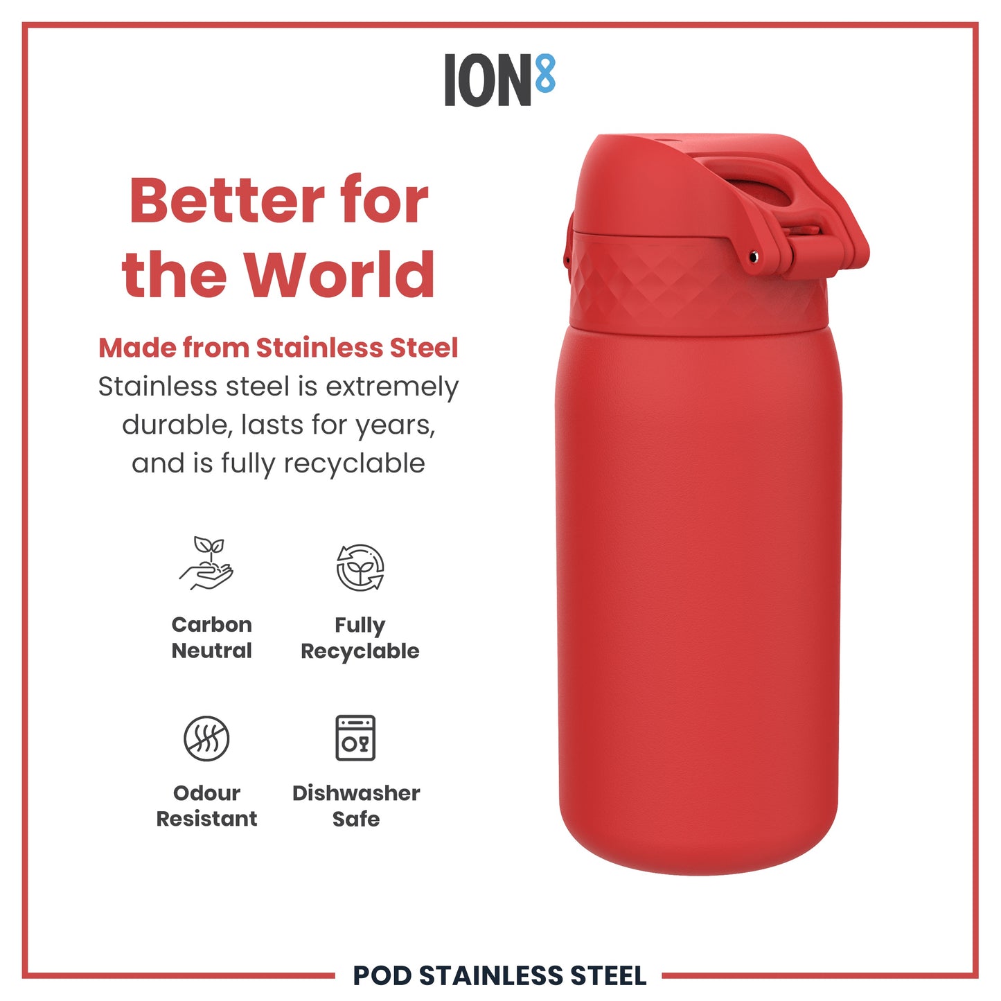 Leak Proof Water Bottle, Stainless Steel, Red, 400ml (13oz)