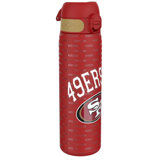 A red water bottle, displaying the 49ers logo and repeating "49ers Faithful," sits against a white background.