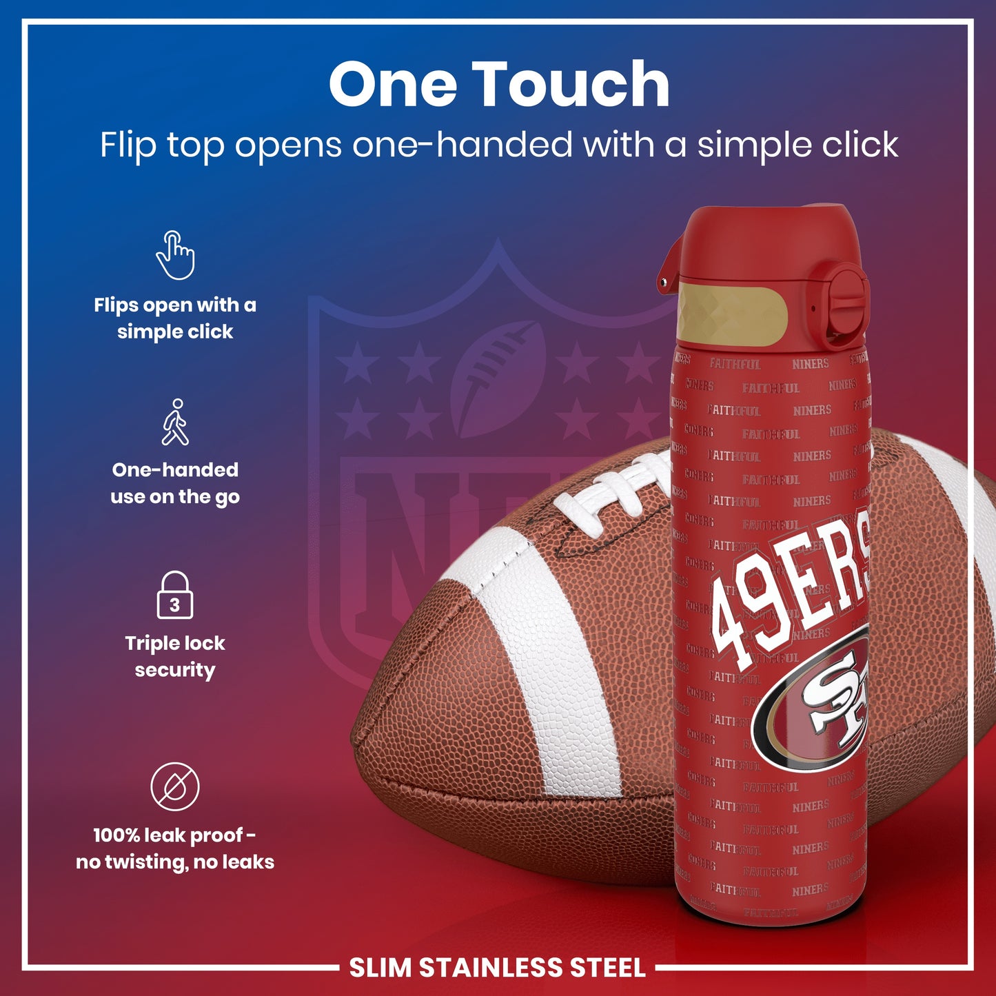 Leak Proof NFL Water Bottle, Stainless Steel, San Francisco 49ers, 600ml (20oz)