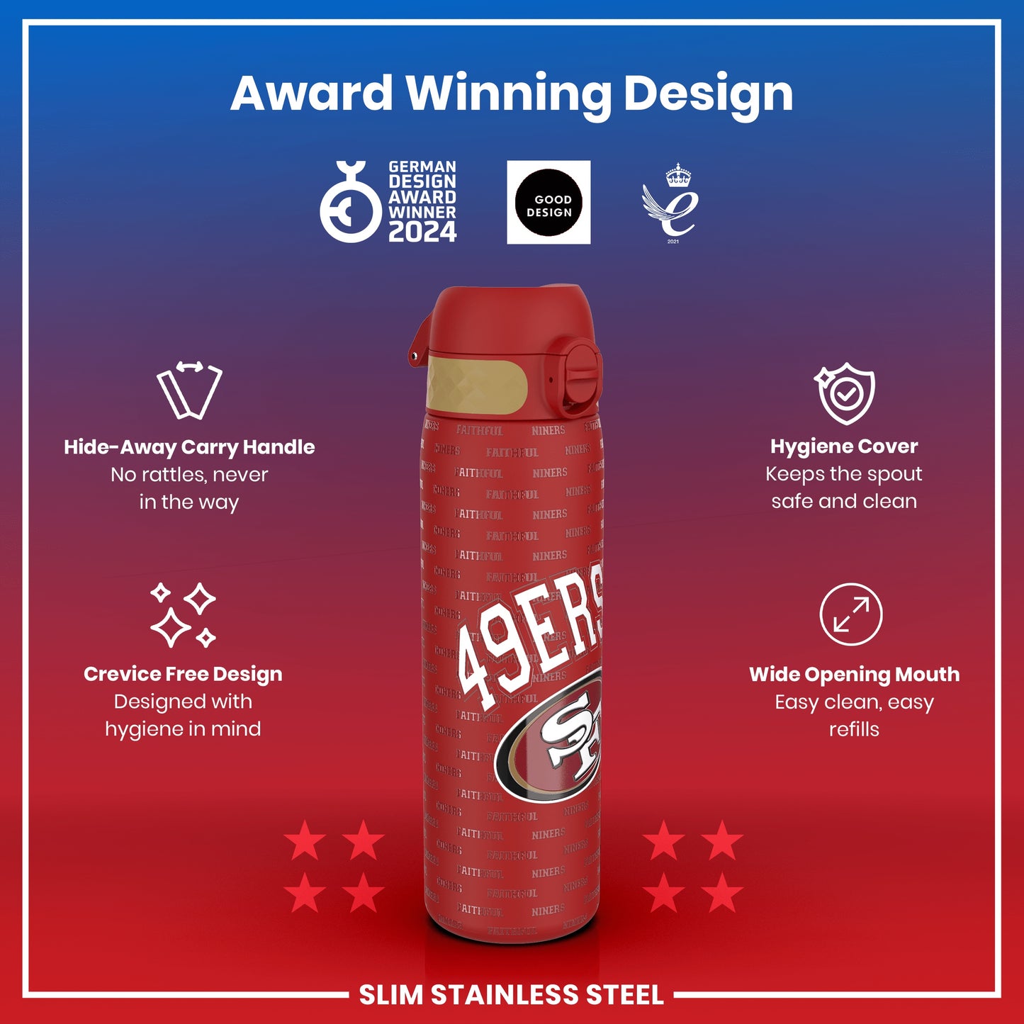 Leak Proof NFL Water Bottle, Stainless Steel, San Francisco 49ers, 600ml (20oz)