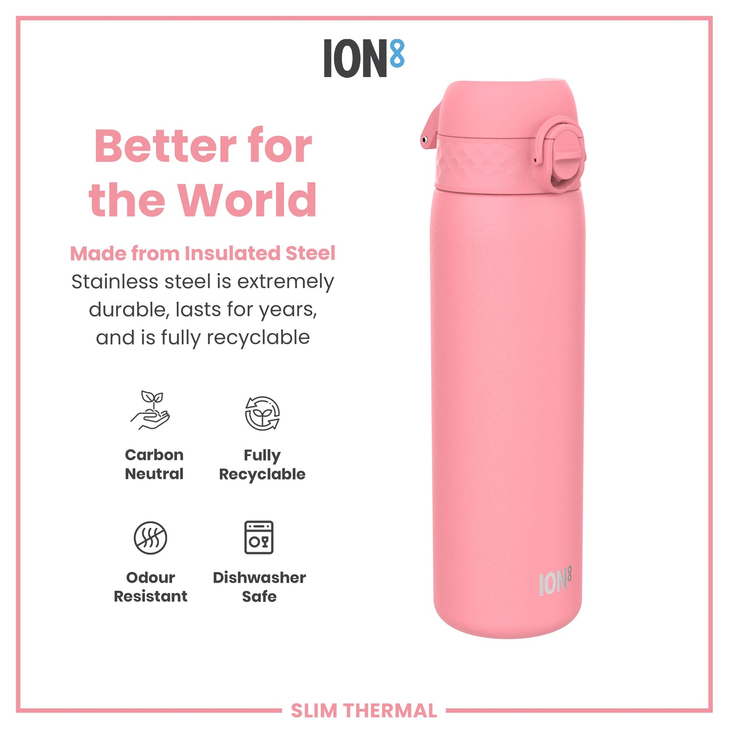 Leak Proof Slim Thermal Steel Water Bottle, Insulated, Rose Bloom, 500ml (17oz)